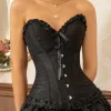 IMG_0457 Corset satinado con brocado de flores, tanga y medias - Juego completo