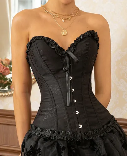 IMG_0457 Corset satinado con brocado de flores, tanga y medias - Juego completo